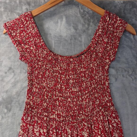 Red Women S Floral Smocked Maxi Dress Cottagecore Romantic Grunge Bareback Style - Picture 5 of 8